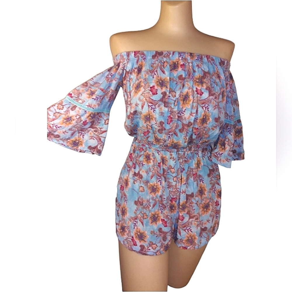 Floral flutter sleeve off the shoulder flowy romper